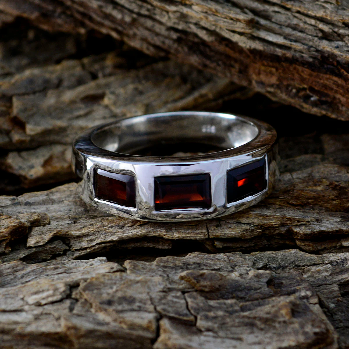 Garnet Trilogy African 925 Silver Red Gemstone Mid-weight Modern Band Jewellery - Image 4