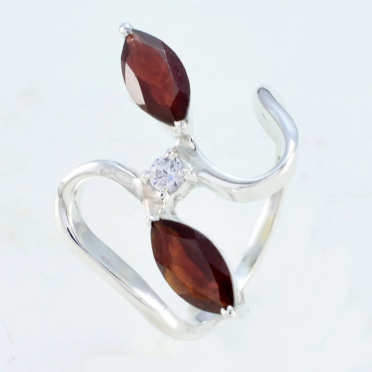 Garnet Trilogy French 92.5 Silver Red Gemstone Slim Abstract Ring Jewellery - Image 2