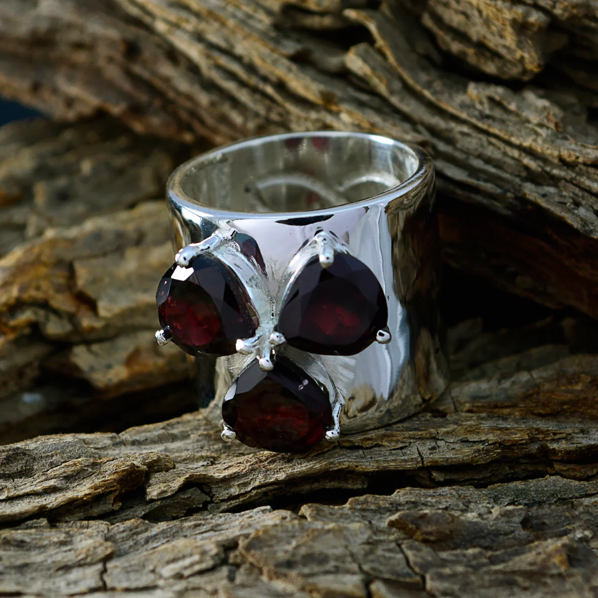 Garnet Trilogy French 925 Sterling Silver Red Gemstones Statement Traditional Ring Jewelry - Image 3