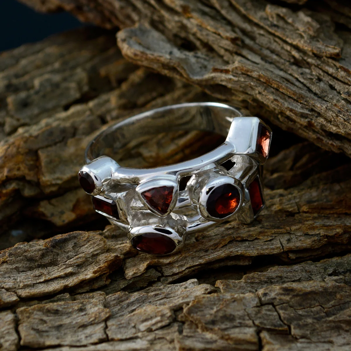 Garnet Trilogy Indian 925 Silver Red Gemstones Versatile Abstract Ring Jewelry - Image 3