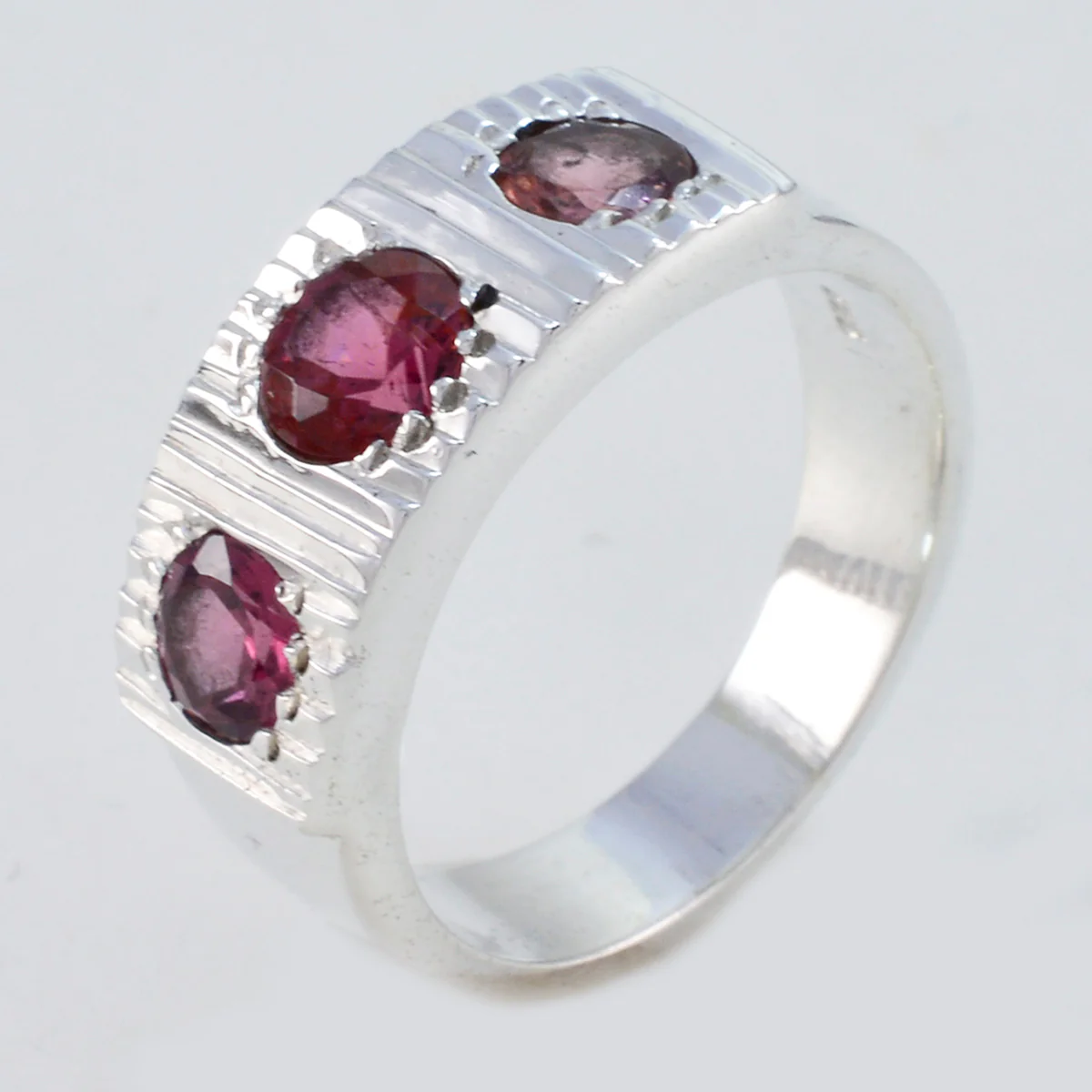 Garnet Trilogy Indian Sterling Silver Red Gems Minimal Boho Ring Jewellery - Image 2
