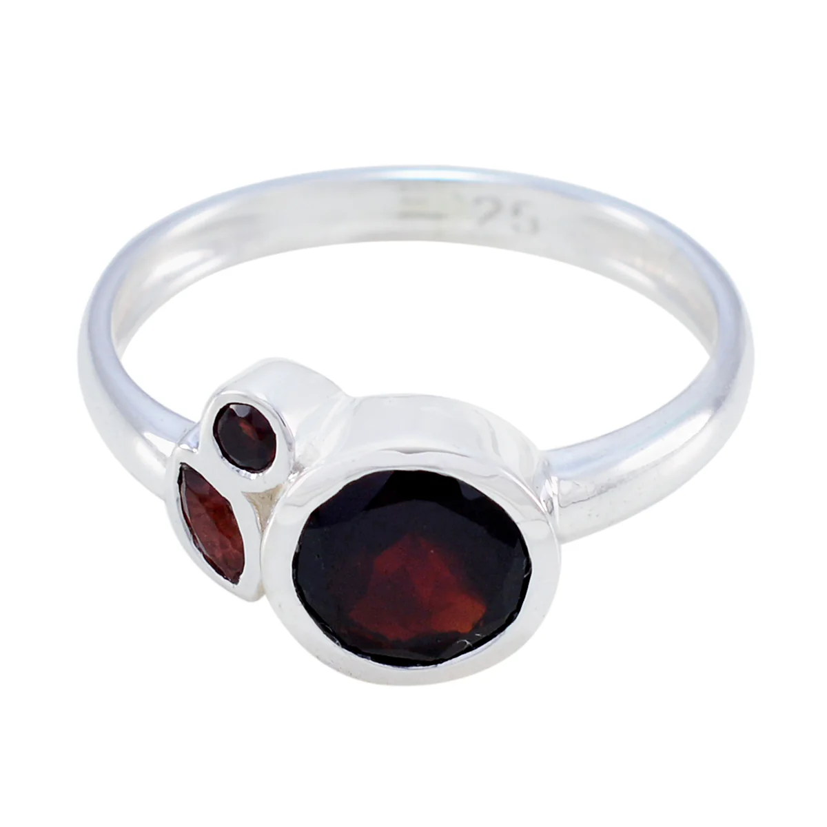 Garnet Trilogy Korean 925 Sterling Silver Red Gems Whisper-thin Modern Ring Jewelry