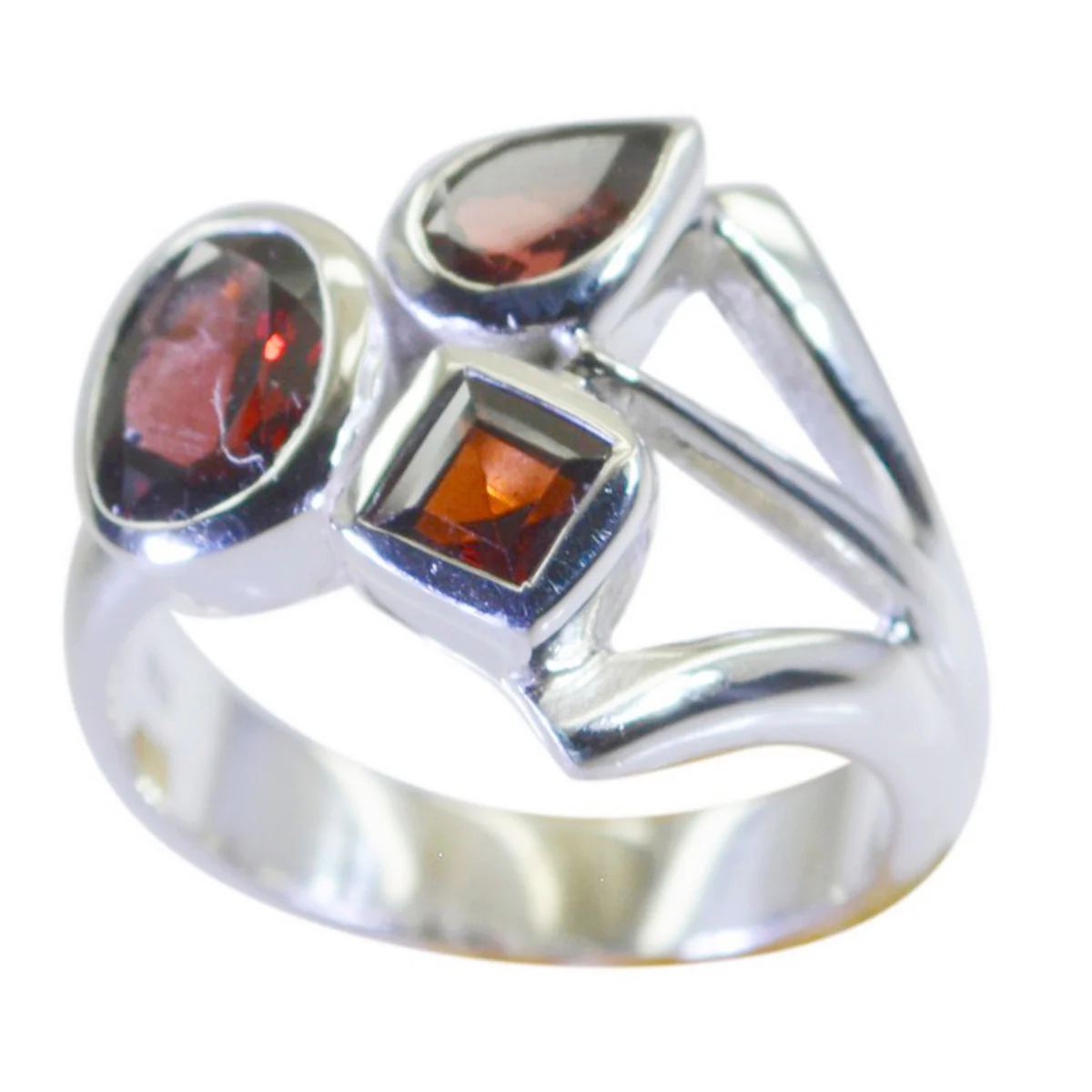 Garnet Trilogy Russian Sterling Silver Red Gemstone Mid-weight Artisan Ring Jewelry