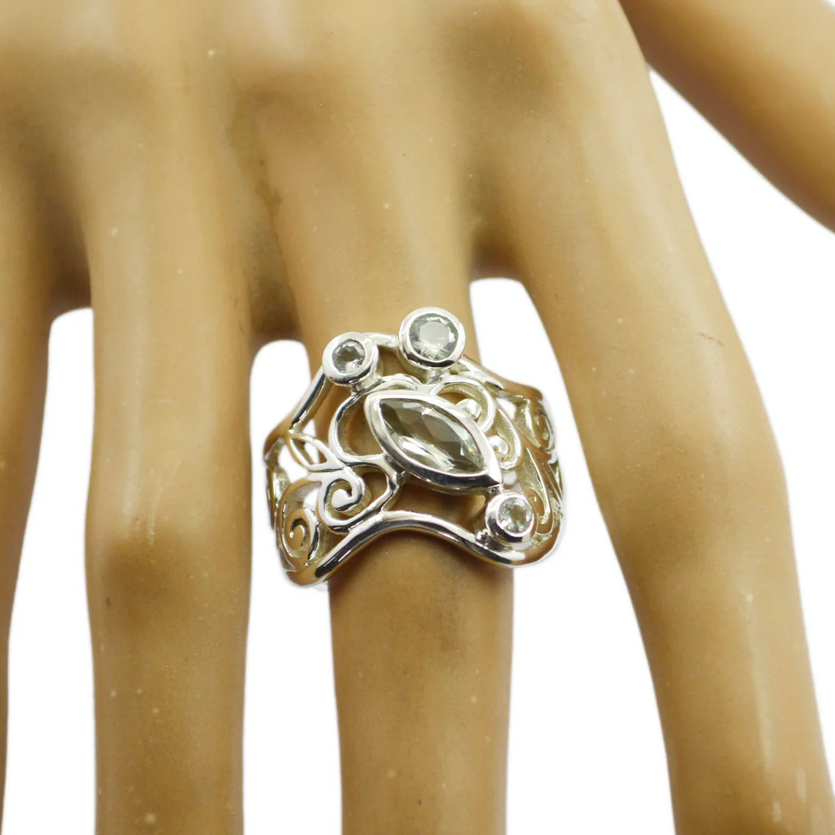 Green Amethyst quarter Mexican 92.5 Silver Green Gemstones Essential Filigree Ring Jewelry - Image 2