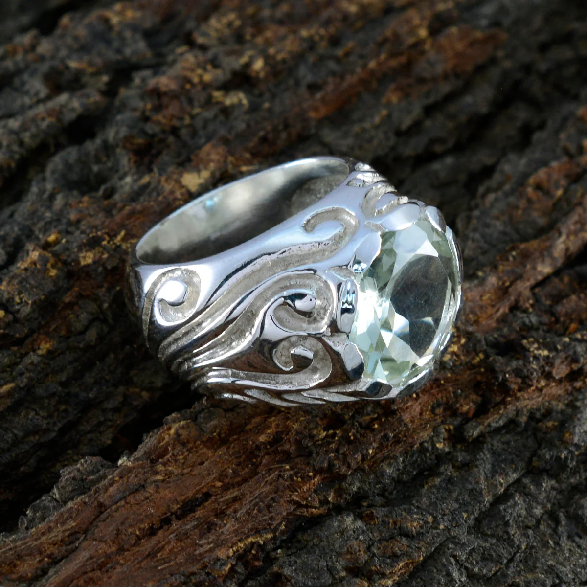 Green Amethyst Solitaire French 925 Sterling Silver Green Gemstones Chunky Contemporary Ring Jewellery - Image 3