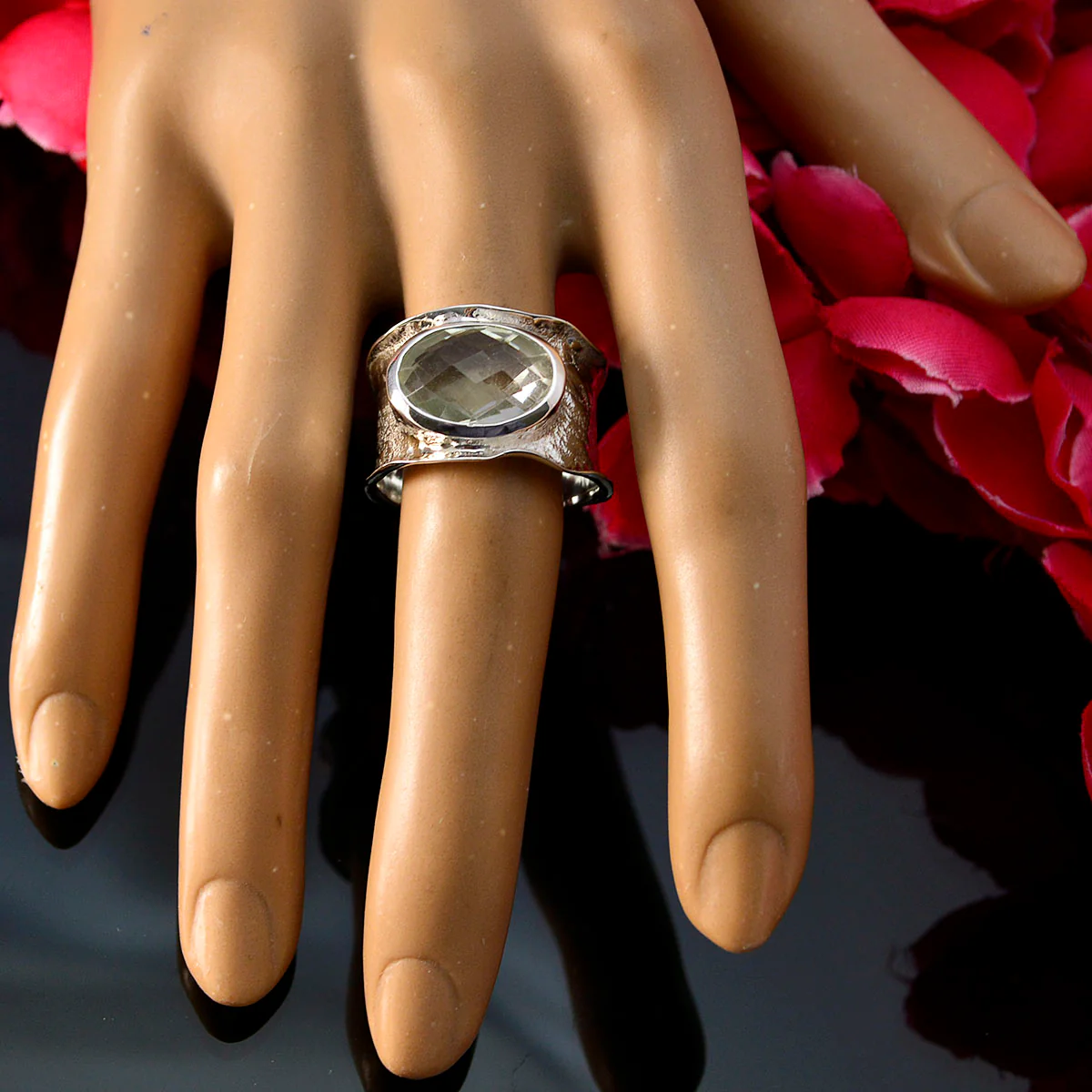 Green Amethyst Solitaire German Silver Green Gemstone Edgy Oversized Band Jewellery - Image 5