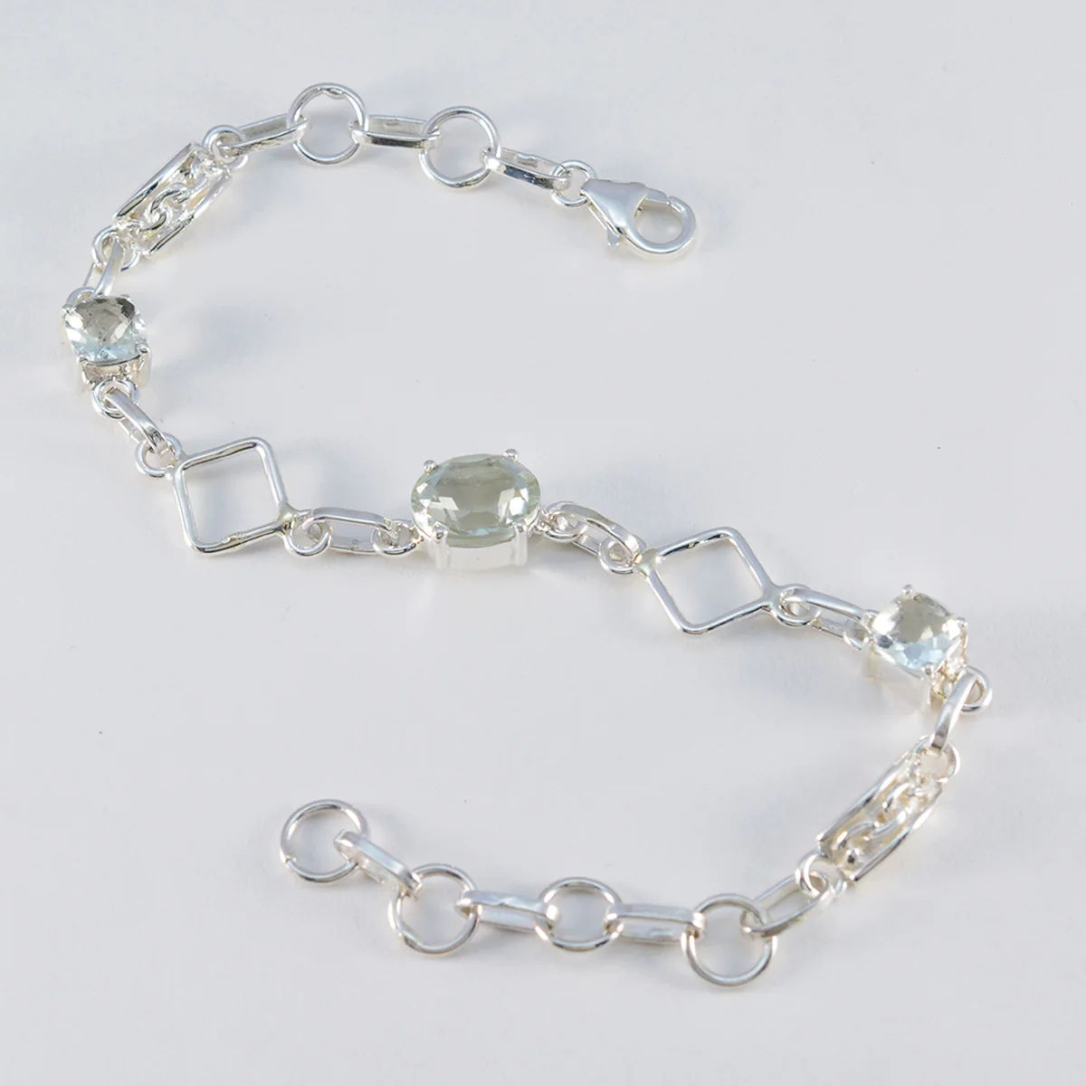 Green Amethyst Waffle Day Dainty Light Green Silver Links Bracelet - Image 3
