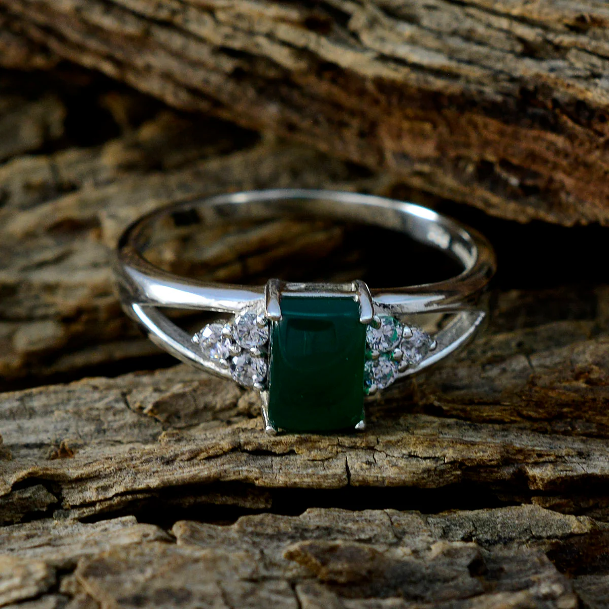Green Onyx Halo Korean 925 Silver Green Gemstone Dainty Artisan Ring Jewelry - Image 3