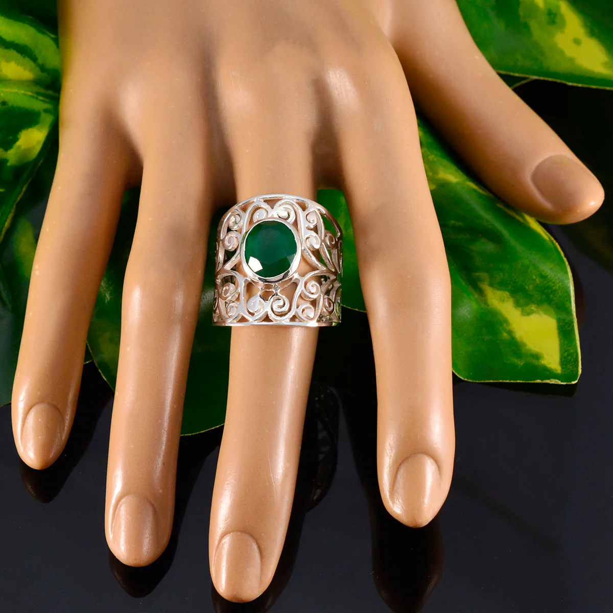 Green Onyx Solitaire Australian 925 Silver Green Gemstone Versatile Filigree  Ring Jewelry - Image 5