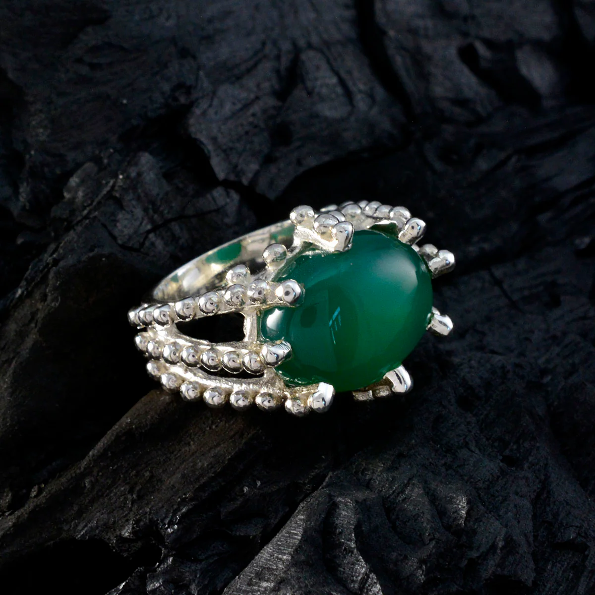 Green Onyx Solitaire German Sterling Silver Green Gemstone Statement Signet Ring Jewelry - Image 5