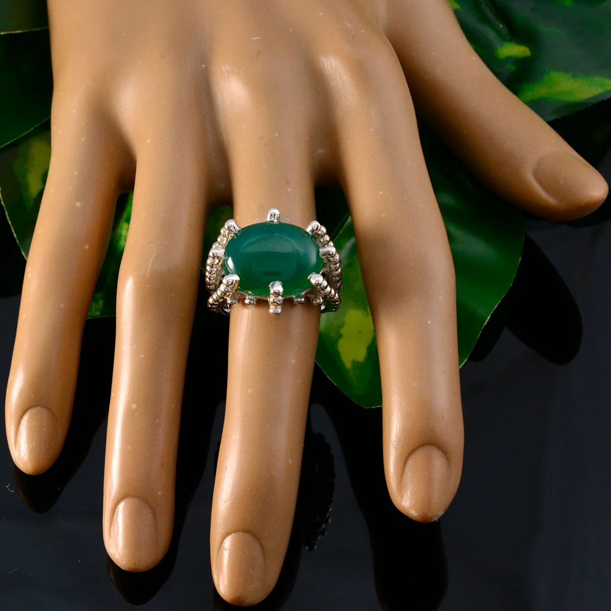 Green Onyx Solitaire German Sterling Silver Green Gemstone Statement Signet Ring Jewelry - Image 6