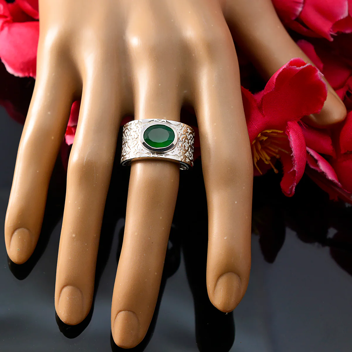Green Onyx Solitaire Indian 92.5 Silver Green Gems Essential Art Deco Ring Jewellery - Image 5