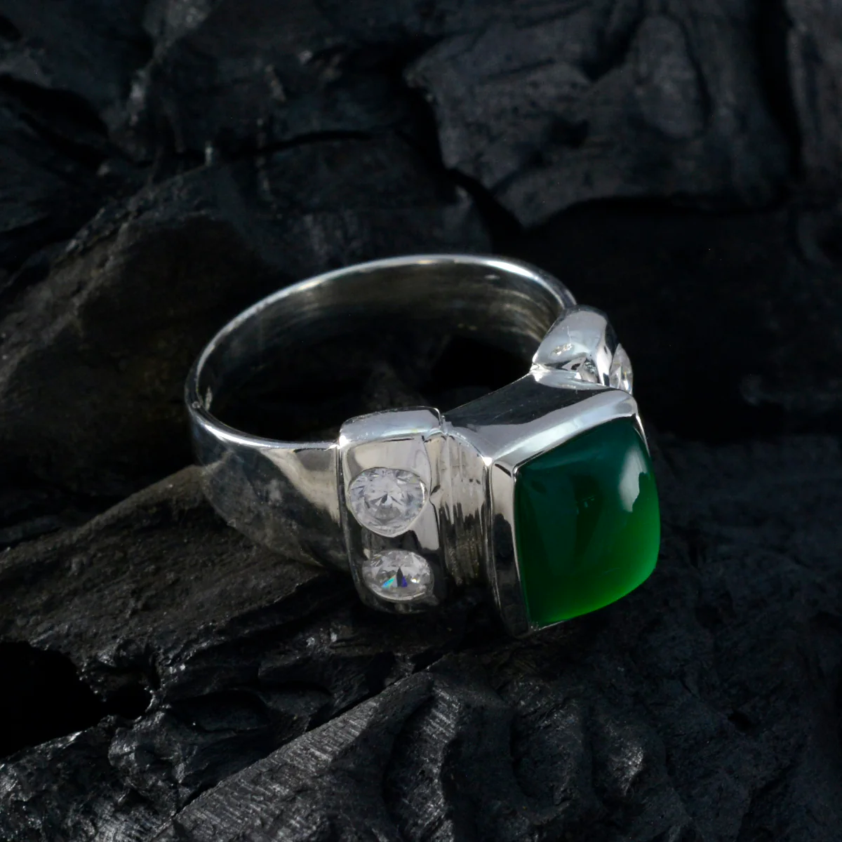 Green Onyx Solitaire Russian 925 Sterling Silver Green Gems Versatile Trendy Ring Jewelry - Image 4
