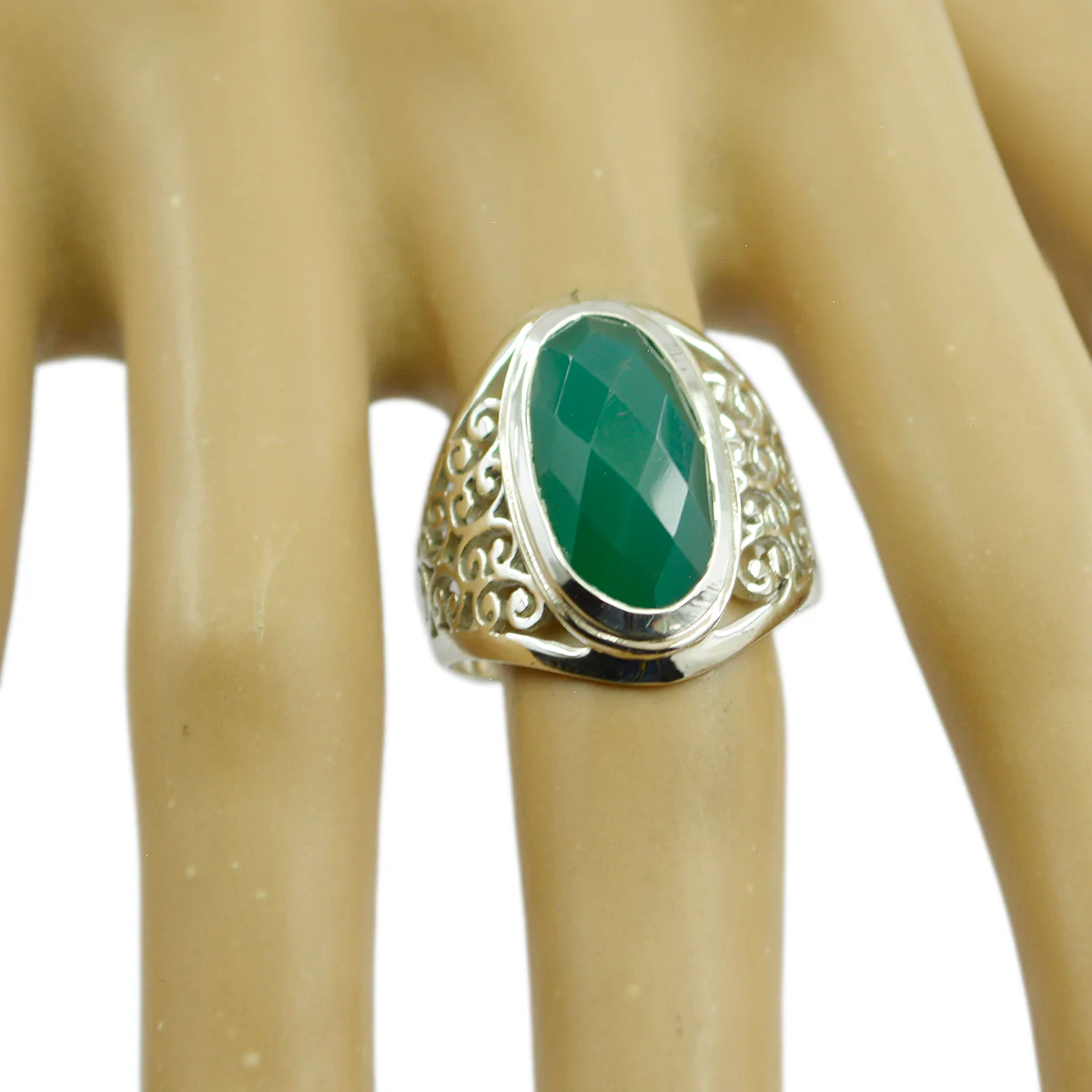 Green Onyx Solitaire Spanish 925 Sterling Silver Green Gemstone Mid-weight Filigree Ring Jewellery - Image 2