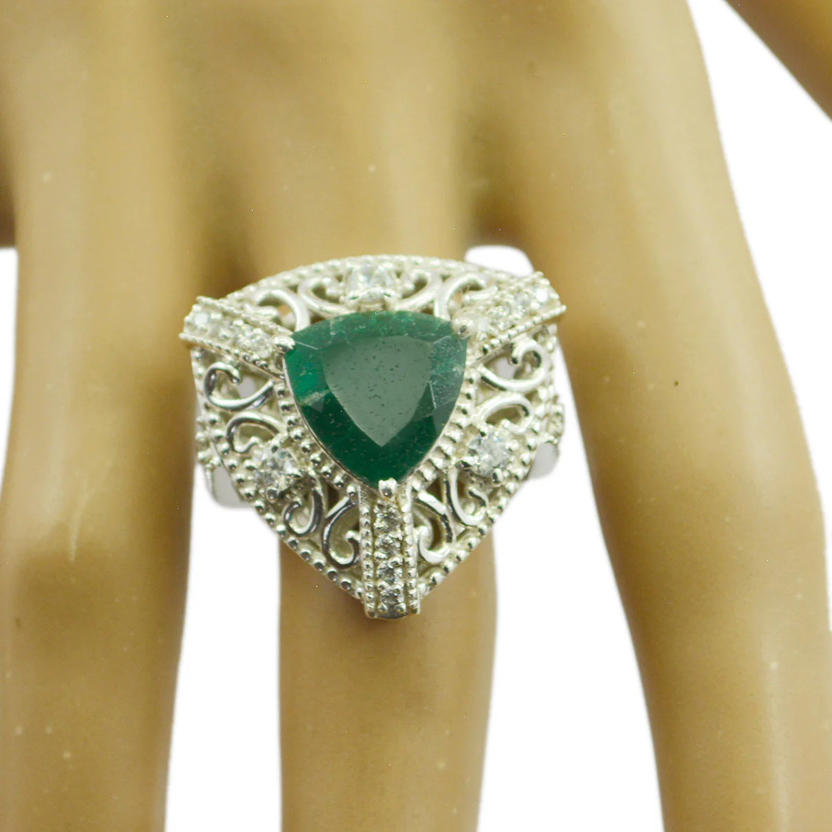 Indian Emerald Halo Egyptian Silver Green Gemstone Statement Filigree Ring Jewellery - Image 2