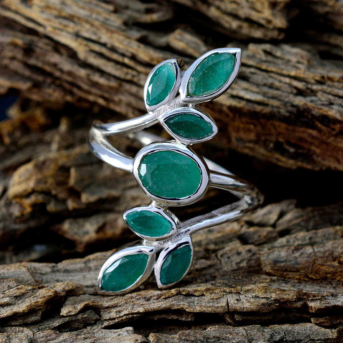 Indian Emerald Hepta French Sterling Silver Green Gems Classic Leafy Ring Jewelry - Image 3