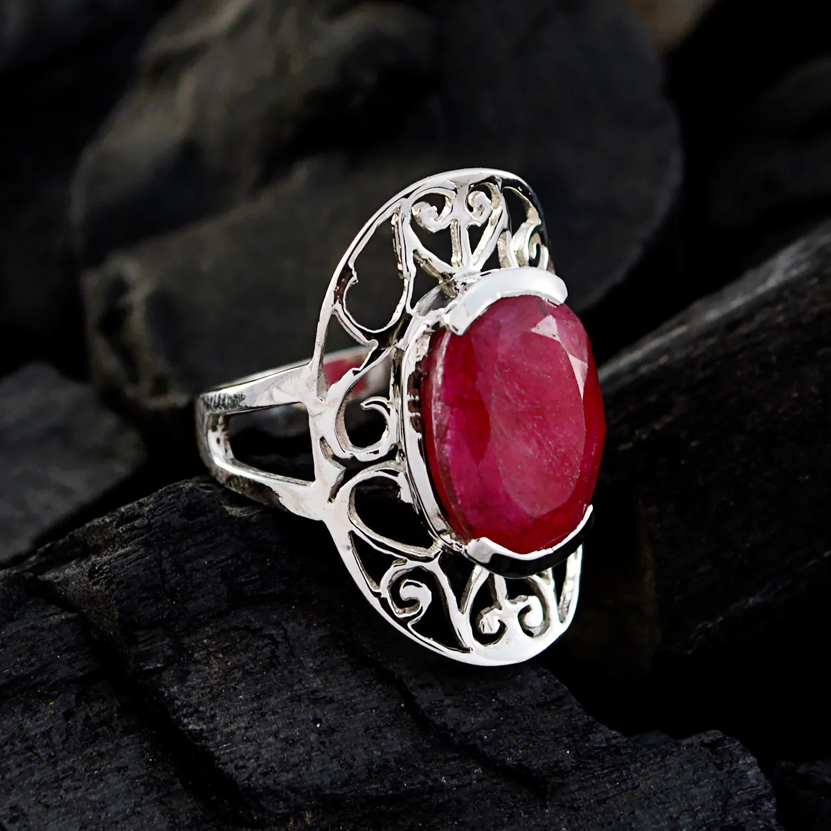 Indian Ruby Solitaire French Sterling Silver Red Gems Classic Art Deco Ring Jewelry - Image 4