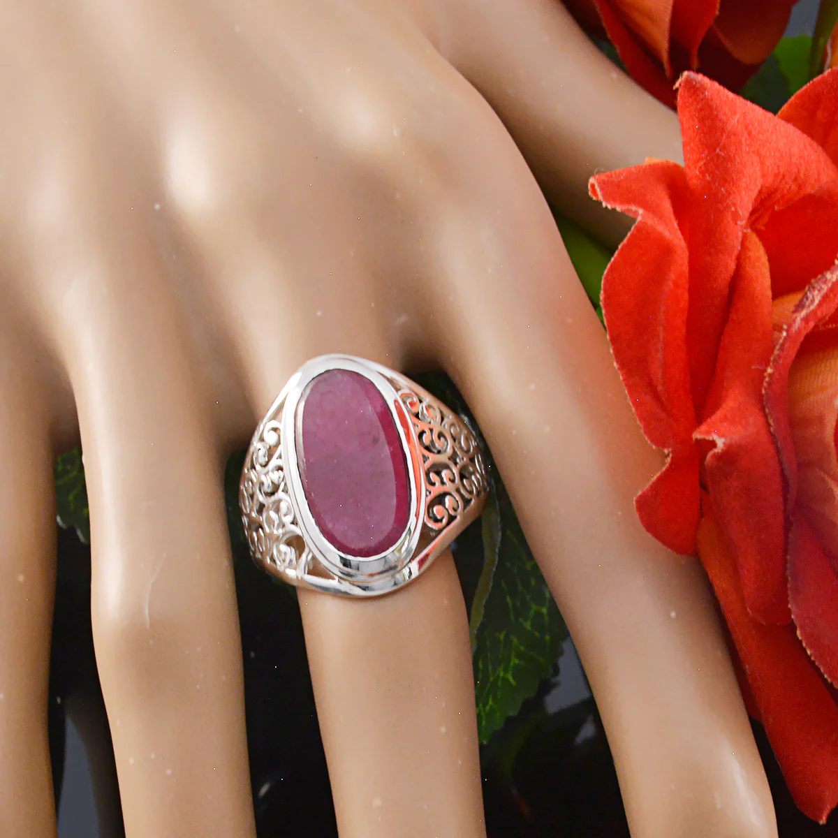 Indian Ruby Solitaire Italian 925 Silver Red Gems Mid-weight Filigree Ring Jewellery - Image 5
