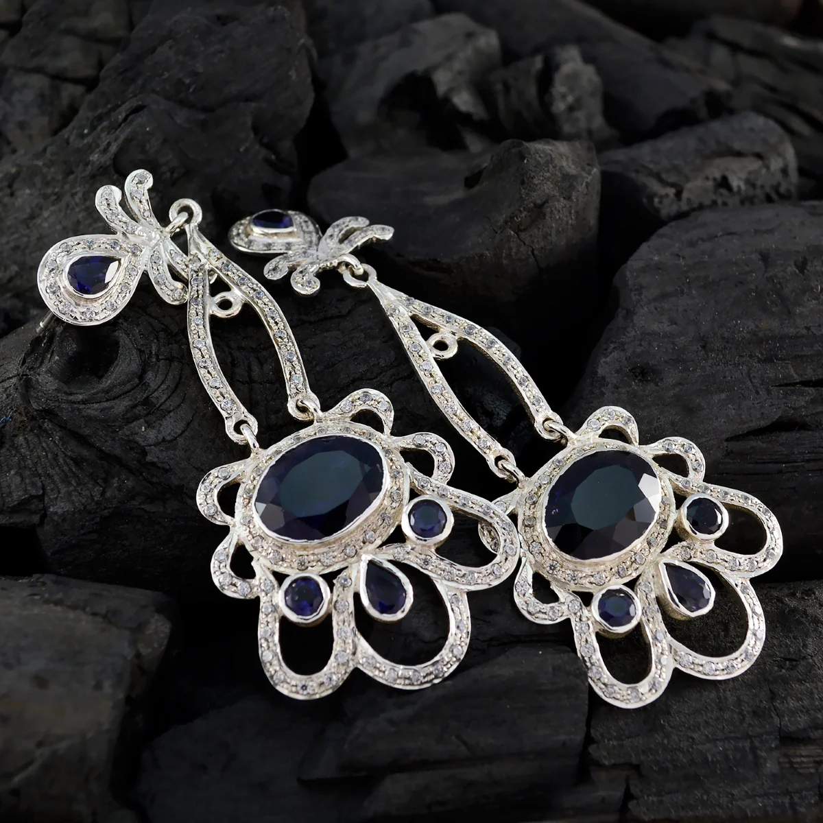 Iolite Indian Ayesha multiple Dangle Blue 925 Silver Earring - Image 4