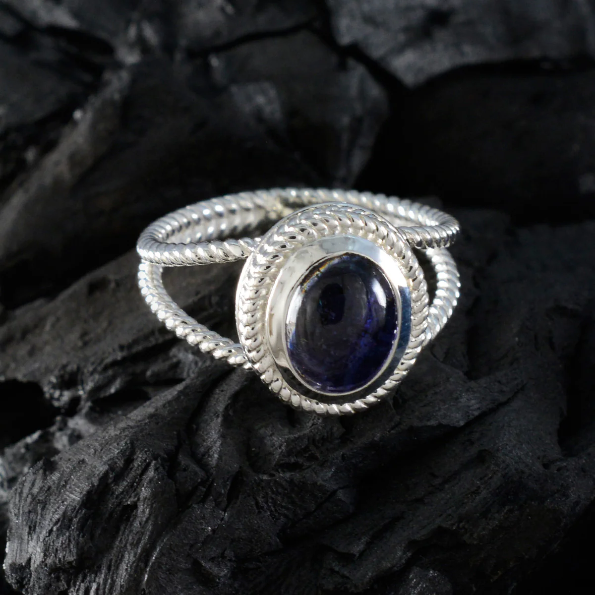 Iolite Solitaire Spanish 92.5 Silver Blue Gems Classic Rope-Wire Ring Jewellery - Image 4