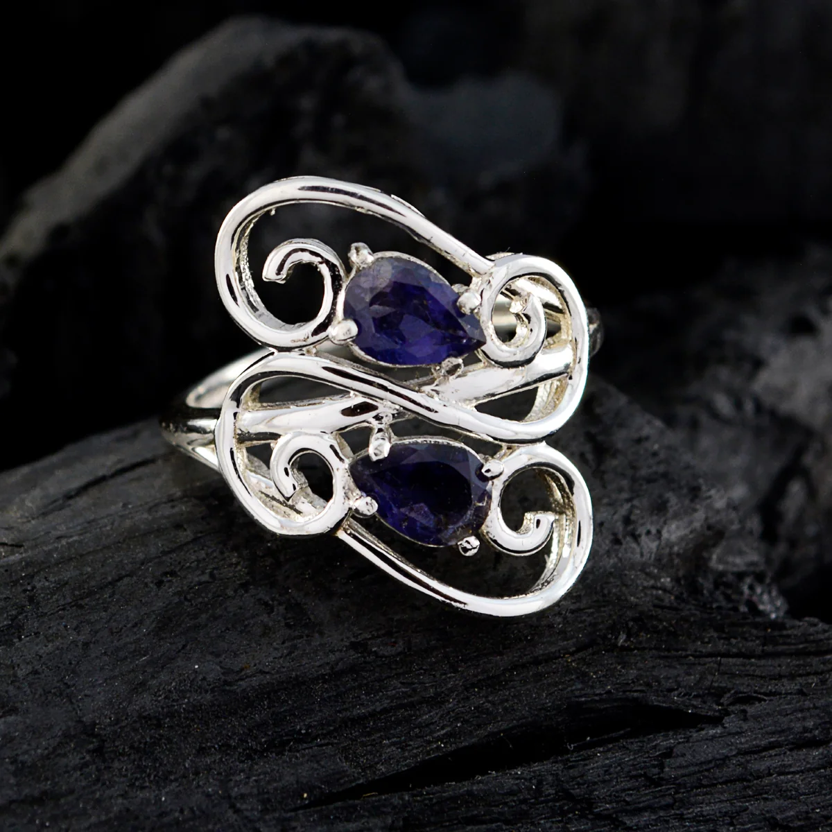 Iolite Toi et Moi French Silver Blue Gemstones Featherlight Modern Ring Jewelry - Image 5
