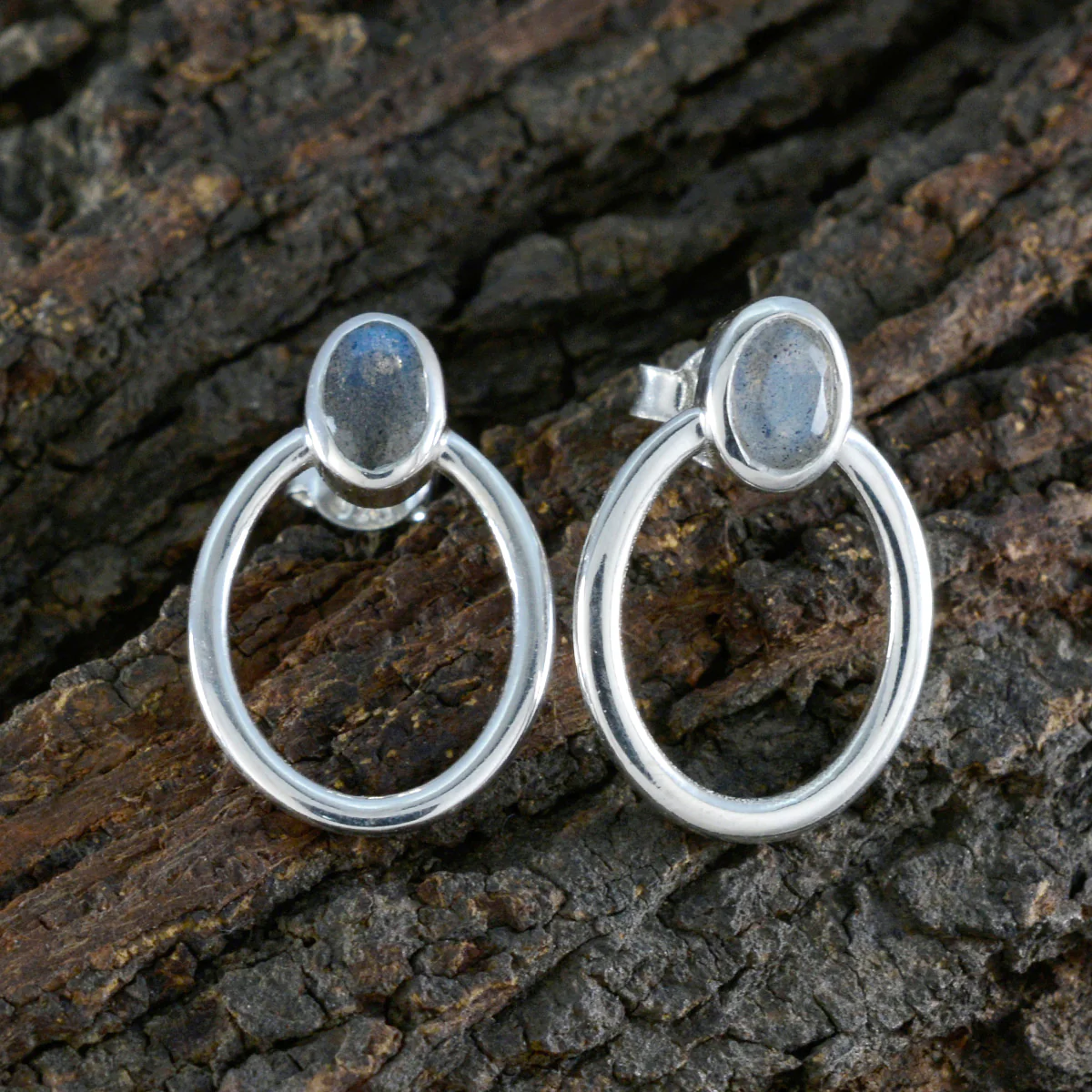 Labradorite French Riley Solitaire Stud Gray Silver Earring - Image 3