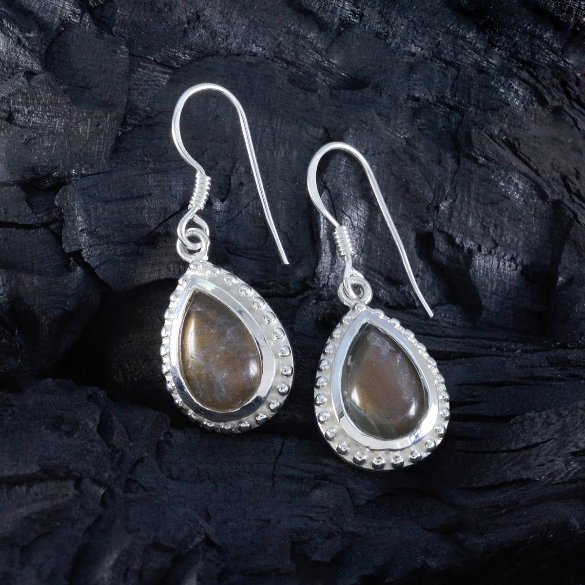 Labradorite French Violet Solitaire Dangle Gray Silver Earring - Image 2