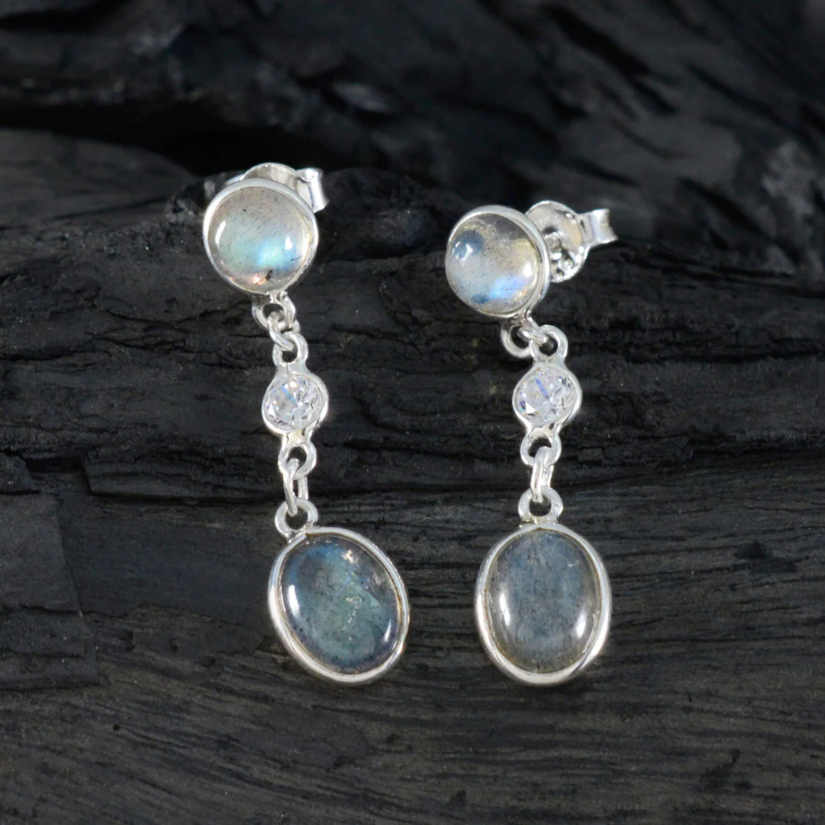 Labradorite French Yasmin multiple Stud Gray 925 Sterling Silver Earring - Image 2