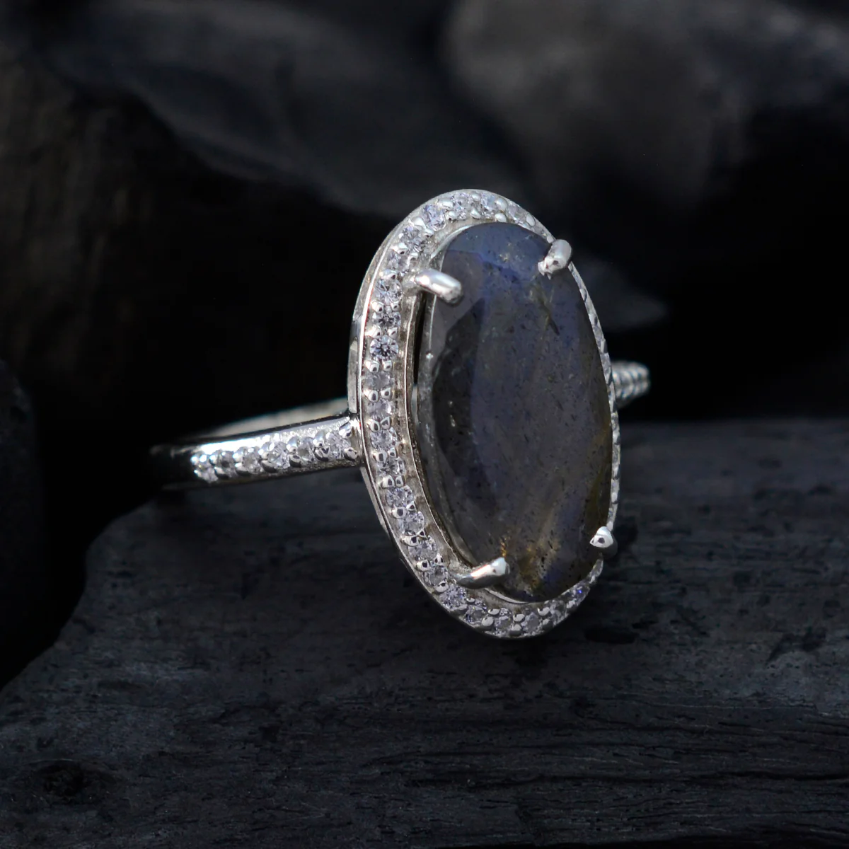 Labradorite Halo African Sterling Silver Gray Gemstones Tiny Modern Ring Jewelry - Image 4