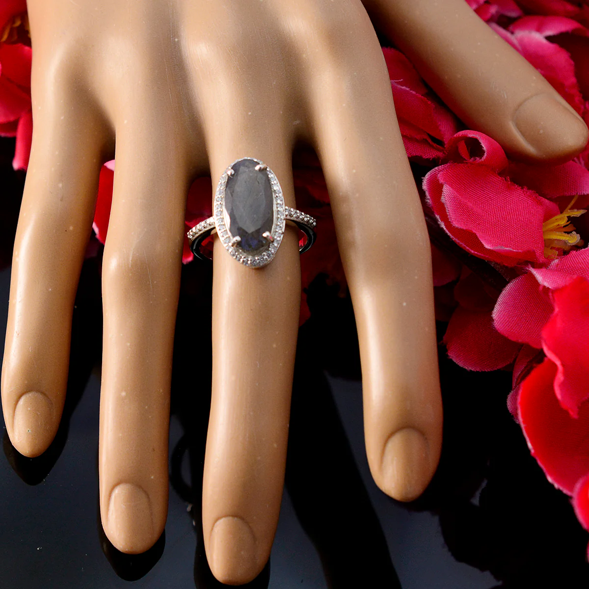 Labradorite Halo African Sterling Silver Gray Gemstones Tiny Modern Ring Jewelry - Image 5