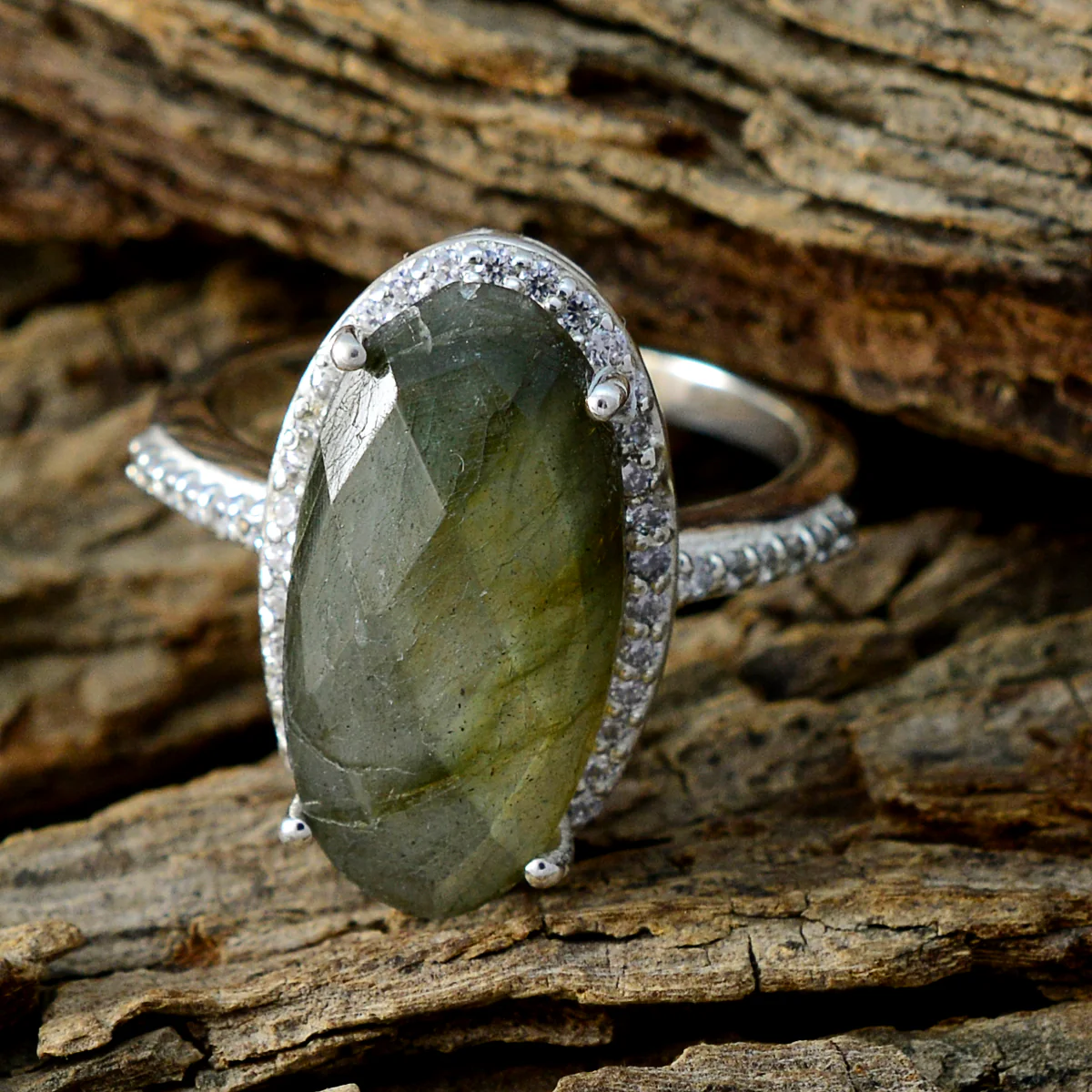 Labradorite Halo Indian Silver Gray Gemstone Tiny Sophisticated Ring Jewellery - Image 3