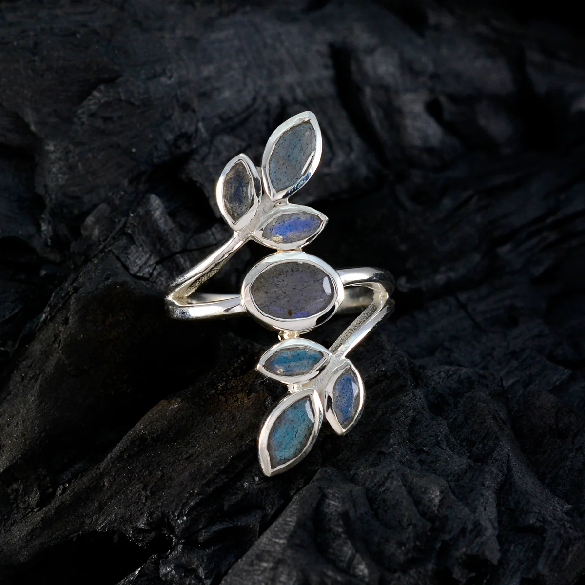 Labradorite Hepta Russian 925 Sterling Silver Gray Gemstones Mid-weight Leafy Ring Jewellery - Image 4