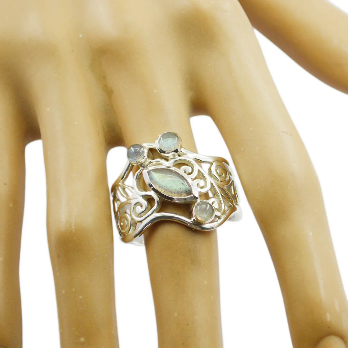 Labradorite quarter Italian Silver Gray Gems Essential Filigree Ring Jewelry - Image 2
