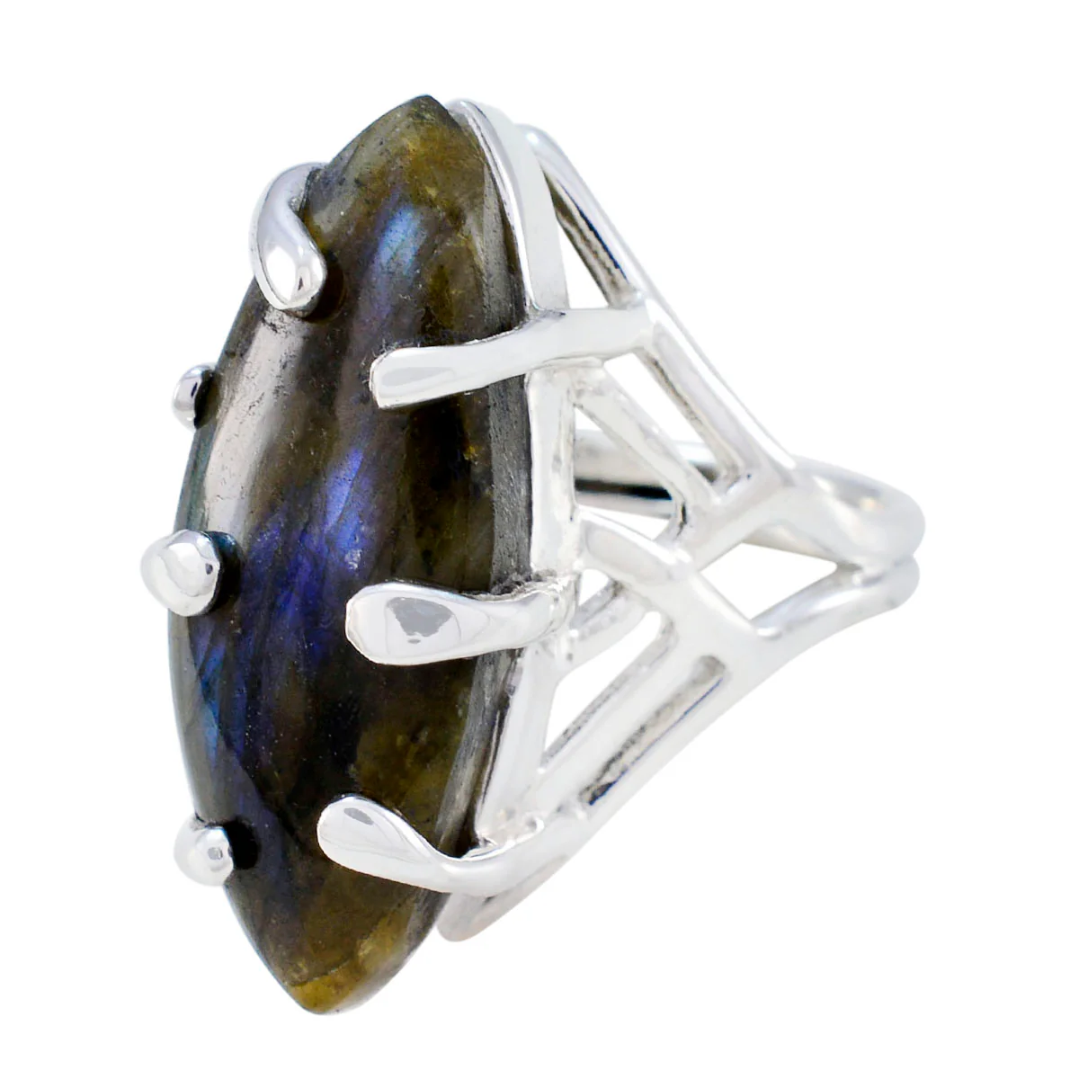Labradorite Solitaire Egyptian Sterling Silver Gray Gems Chunky Artisan Ring Jewelry