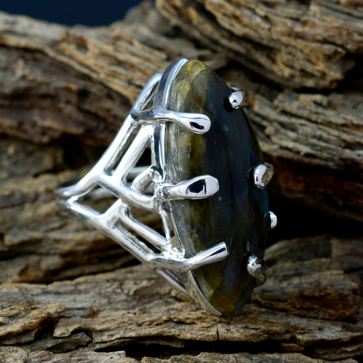 Labradorite Solitaire Egyptian Sterling Silver Gray Gems Chunky Artisan Ring Jewelry - Image 3