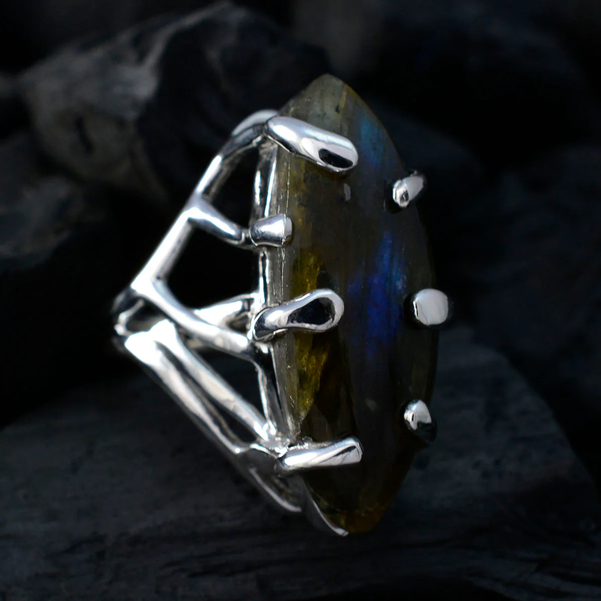 Labradorite Solitaire Egyptian Sterling Silver Gray Gems Chunky Artisan Ring Jewelry - Image 4
