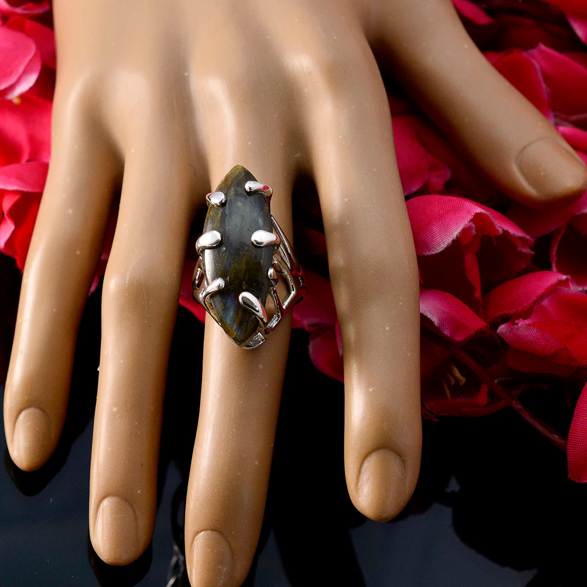Labradorite Solitaire Egyptian Sterling Silver Gray Gems Chunky Artisan Ring Jewelry - Image 5