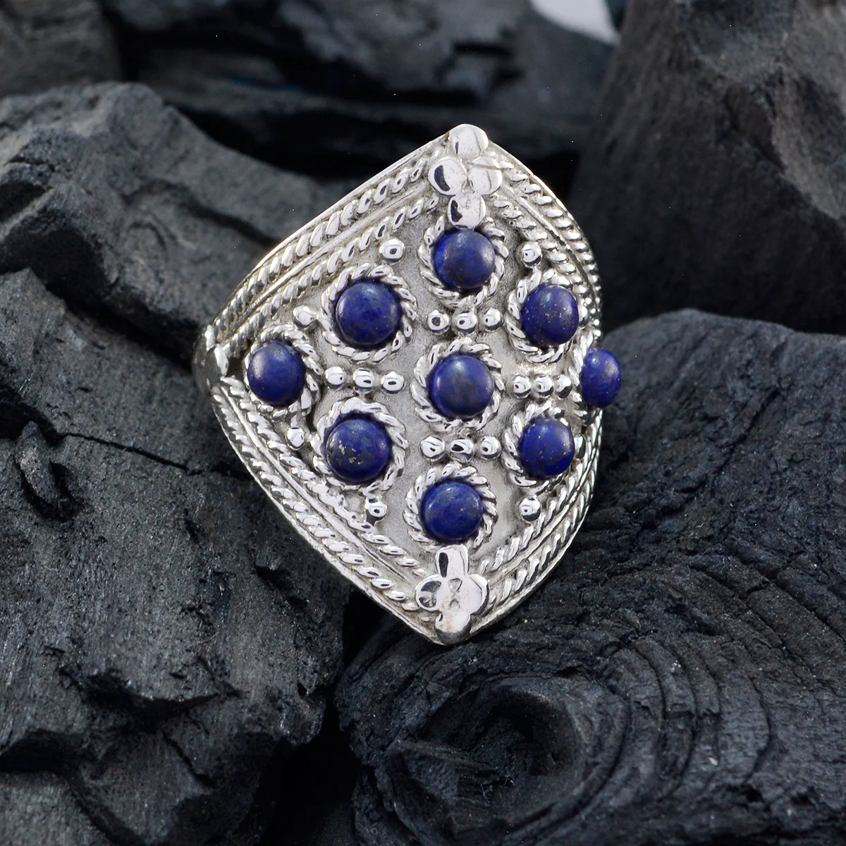 Lapis Lazuli multiple Indian 925 Sterling Silver Blue Gemstones Edgy Heritage Ring Jewelry - Image 4