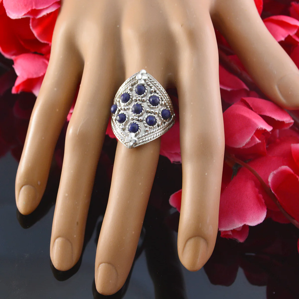 Lapis Lazuli multiple Indian 925 Sterling Silver Blue Gemstones Edgy Heritage Ring Jewelry - Image 5