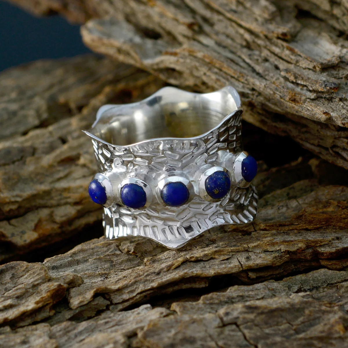 Lapis Lazuli Penta German 925 Silver Blue Gemstone Mid-weight Vintage Band Jewelry - Image 4
