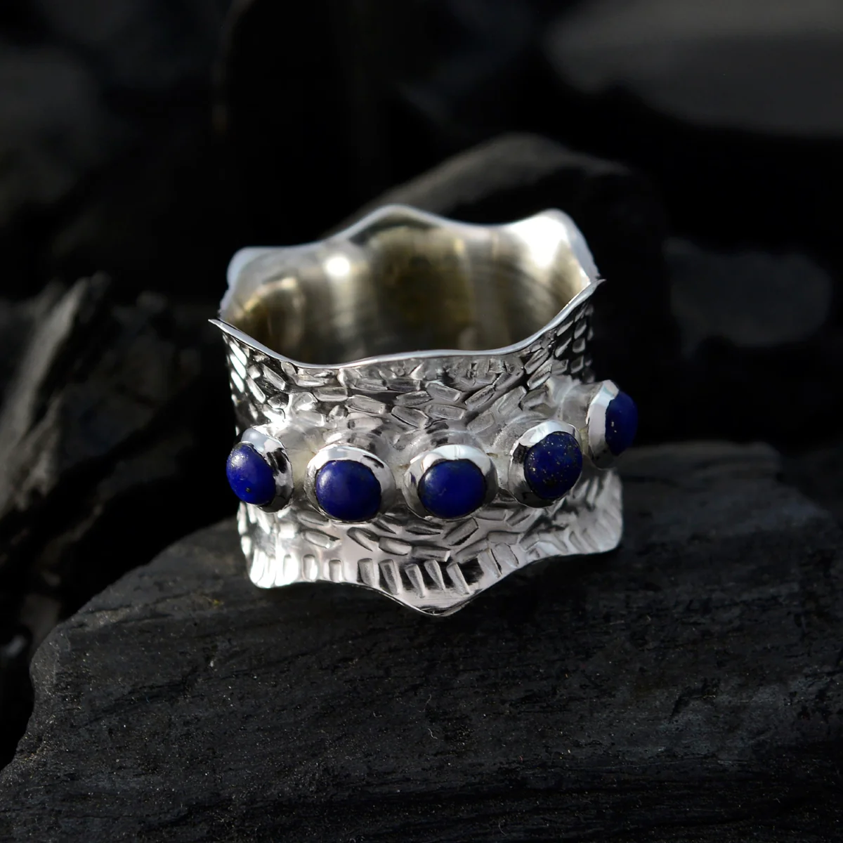 Lapis Lazuli Penta German 925 Silver Blue Gemstone Mid-weight Vintage Band Jewelry - Image 5