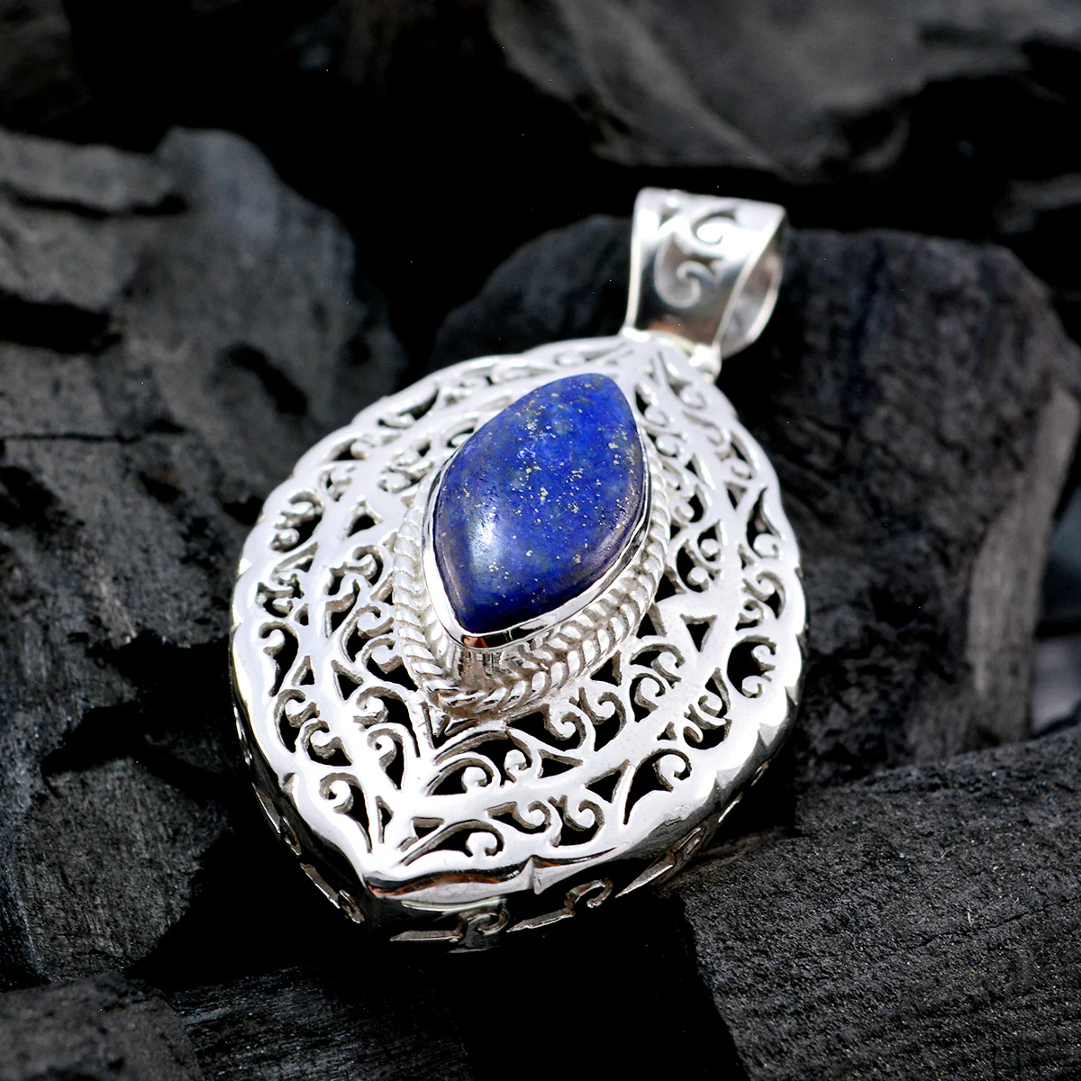 Lapis Lazuli Statement German 925 Silver Solitaire Teresa Filigree Blue Pendant Jewelry - Image 3