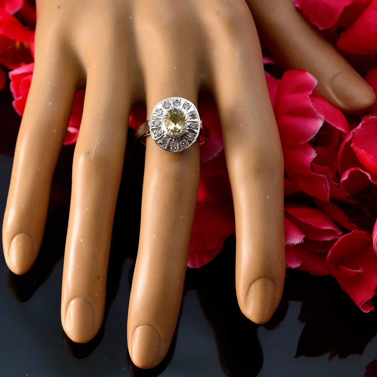 Lemon Quartz Halo Egyptian Sterling Silver Yellow Gems Tiny Glamorous Ring Jewelry - Image 6