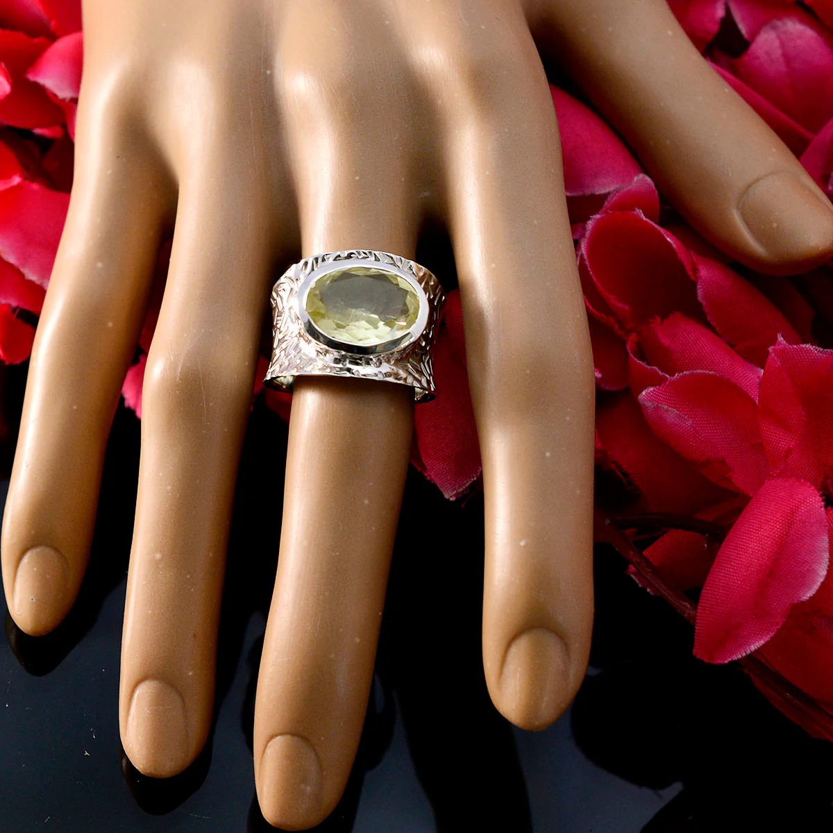 Lemon Quartz Solitaire French 92.5 Silver Yellow Gemstone Essential  engravings Ring Jewellery - Image 5