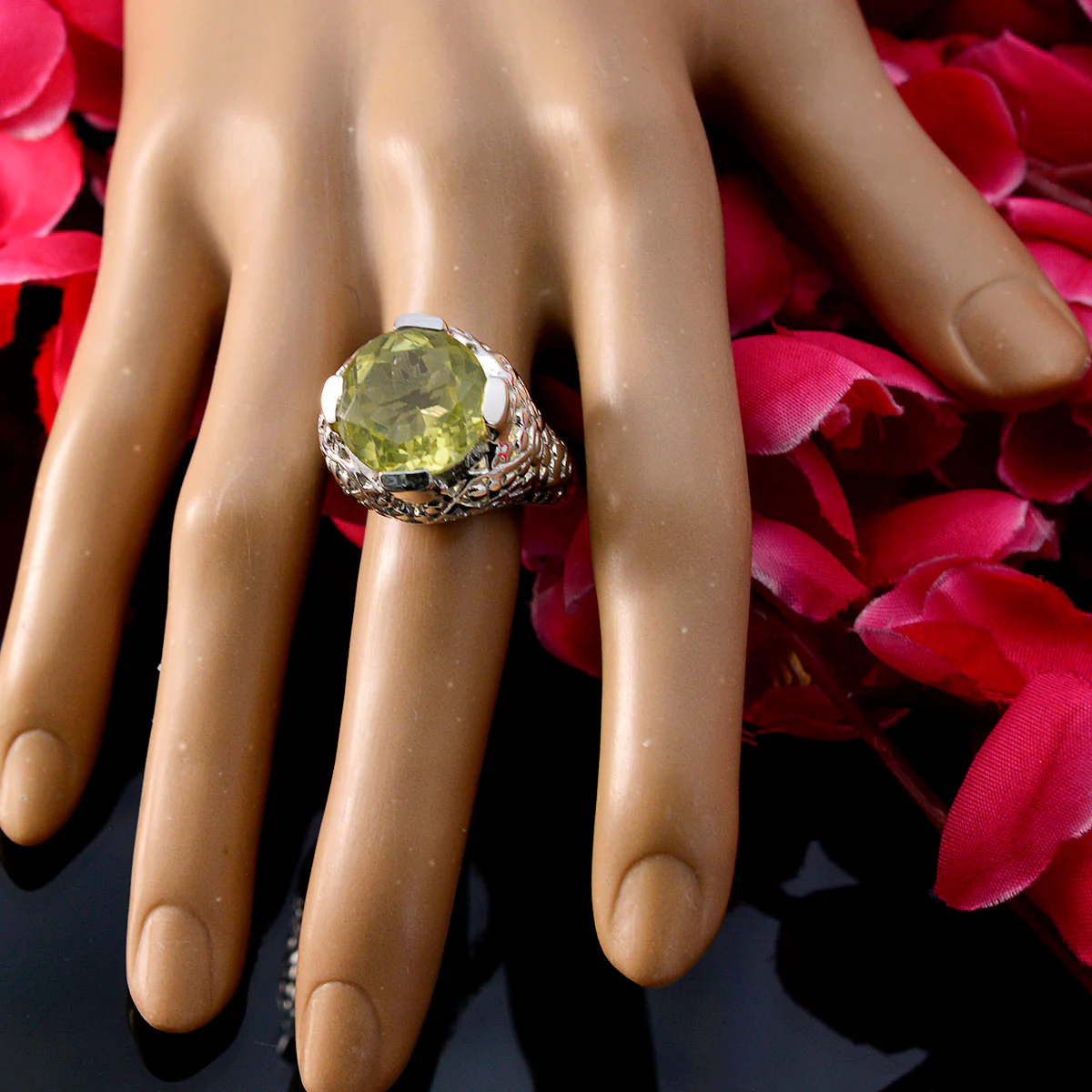 Lemon Quartz Solitaire Italian 92.5 Silver Yellow Gemstones Statement Filigree Ring Jewelry - Image 4