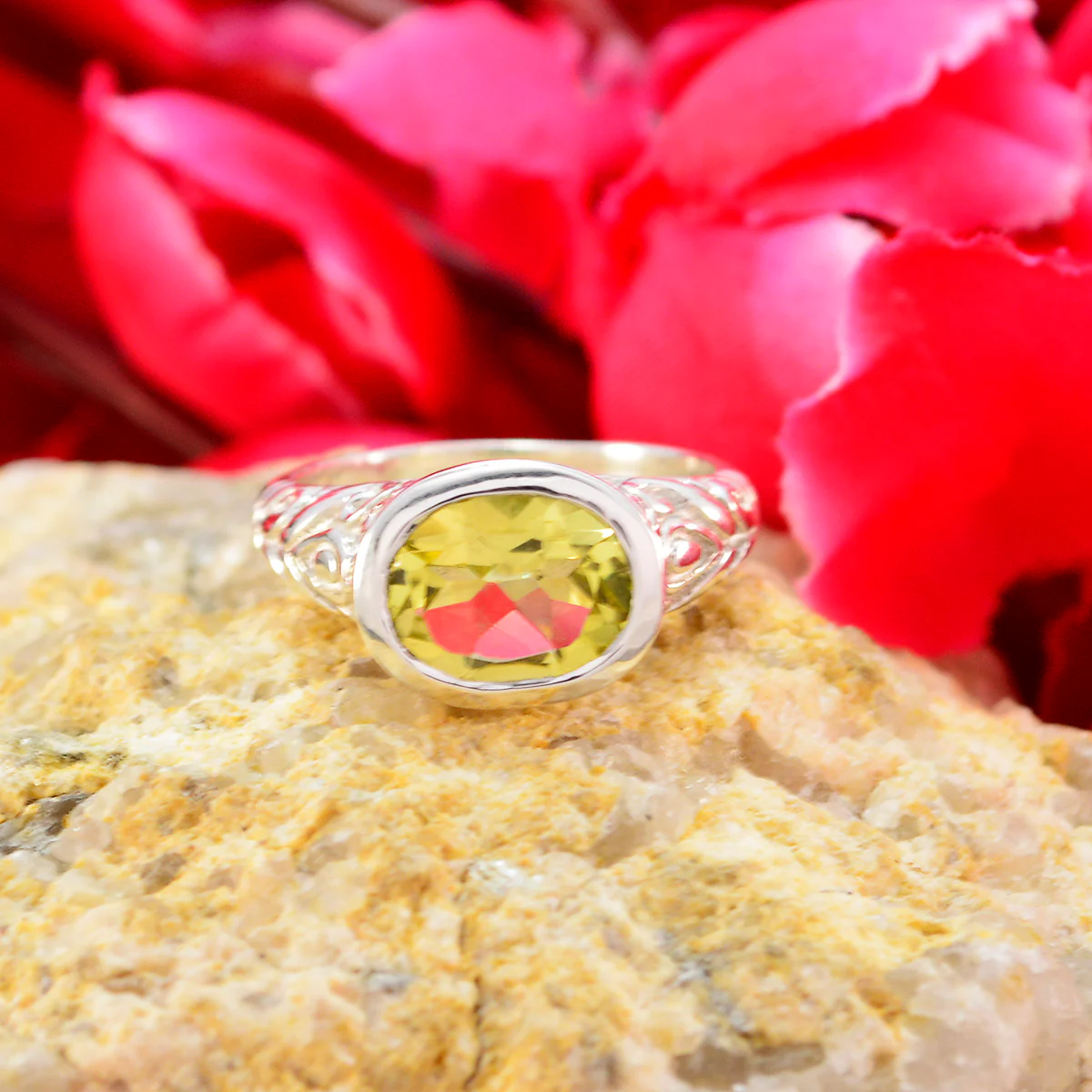 Lemon Quartz Solitaire Russian 92.5 Silver Yellow Gemstone Minimal Art Deco Ring Jewelry - Image 2