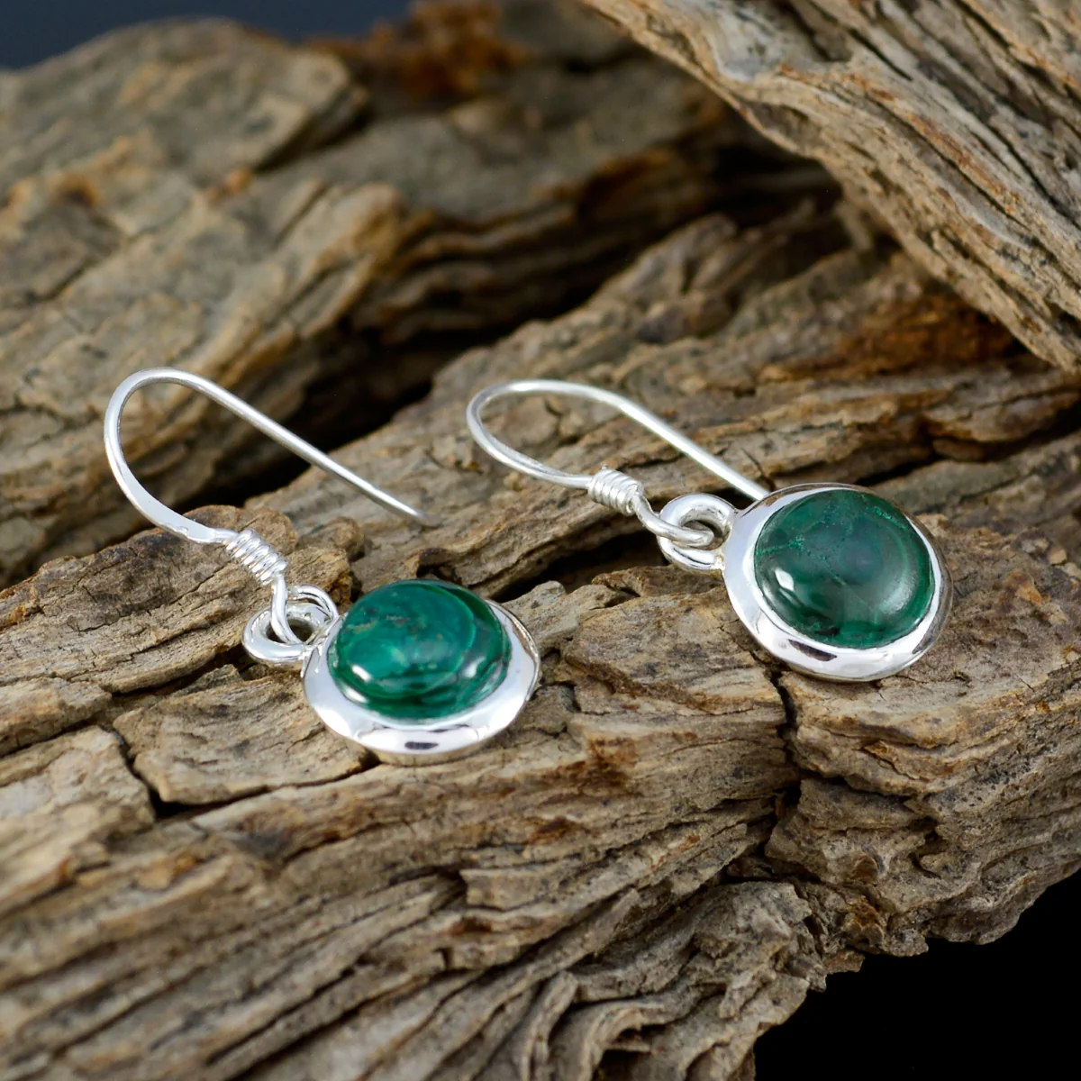 Malachite African Luna Solitaire Dangle Green Sterling Silver Earring - Image 3