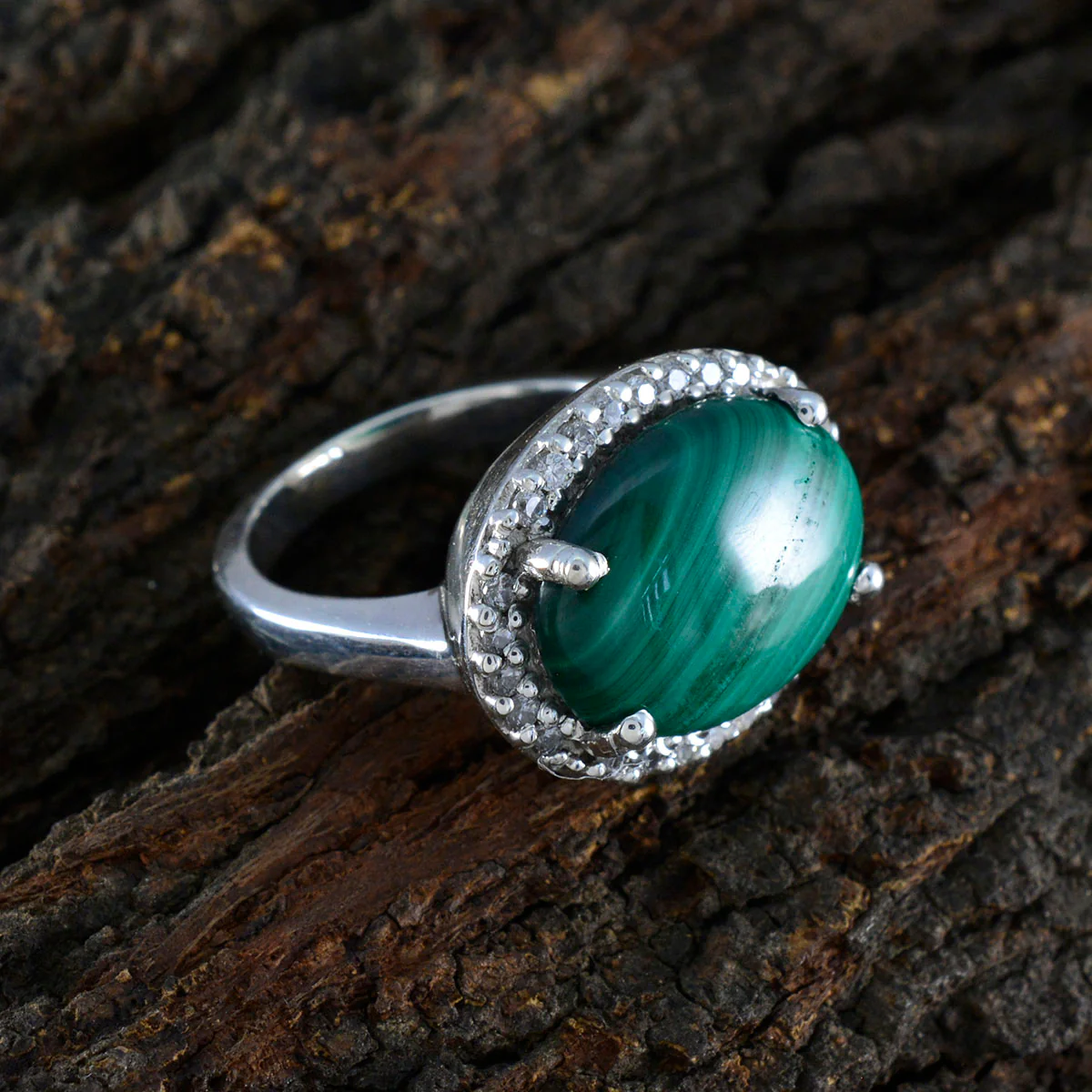 Malachite Halo German 925 Sterling Silver Green Gemstones Versatile Trendy Ring Jewelry - Image 3