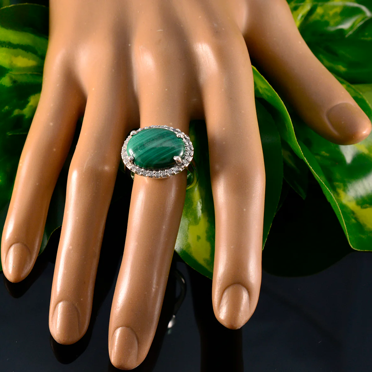 Malachite Halo German 925 Sterling Silver Green Gemstones Versatile Trendy Ring Jewelry - Image 5