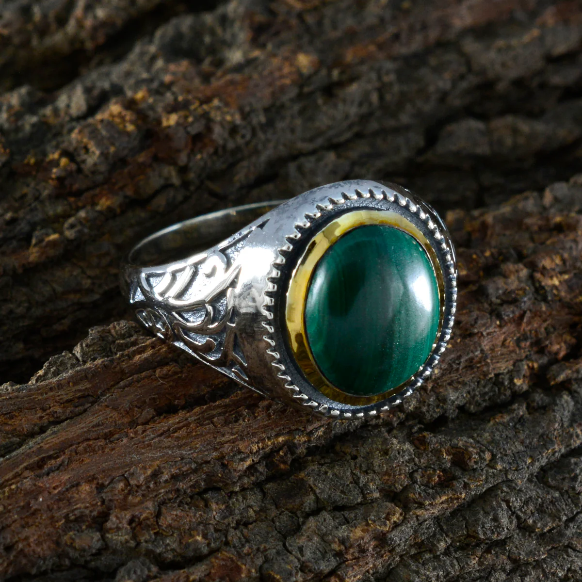 Malachite Solitaire Middle Eastern Sterling Silver Green Gems Eye-catching Filigree Ring Jewelry - Image 3